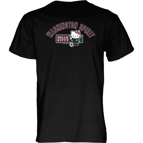 A black short-sleeve t-shirt shown from the back, featuring a graphic print of the Washington Spirit logo with a Hello Kitty character and the words 'WASHINGTON SPIRIT' and 'HELLO KITTY'.