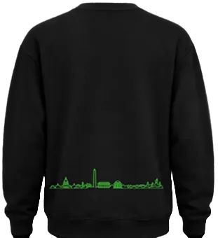 A black crewneck sweatshirt shown from the back, featuring a bright green outline graphic of a small town skyline printed across the lower back.
