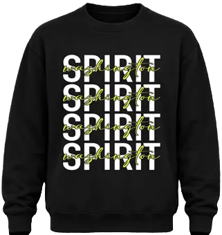 A black crewneck sweatshirt featuring a graphic print of the word 'SPIRIT' repeated vertically in bold white block letters, overlaid with the word 'Washington' in a yellow cursive script.