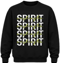 A black crewneck sweatshirt featuring a graphic print of the word 'SPIRIT' repeated vertically in bold white block letters, overlaid with the word 'Washington' in a yellow cursive script.