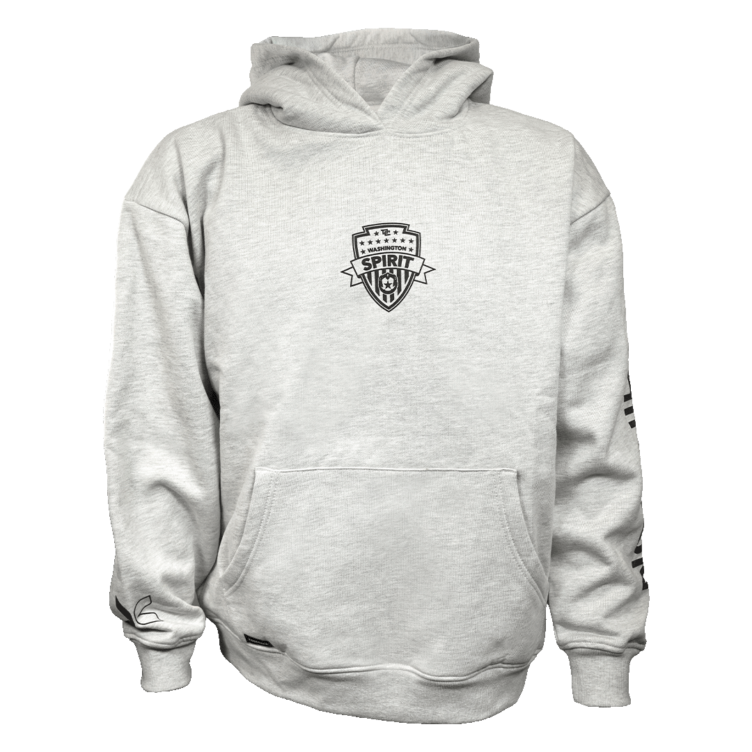 A light heather gray pullover hoodie with a black shield crest graphic printed on the center chest, displayed on a solid white background.