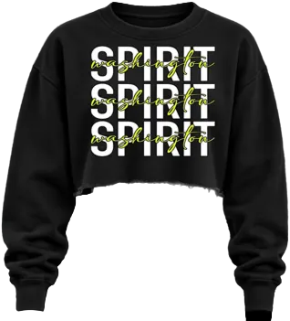 A black cropped sweatshirt with a distressed hem, featuring a graphic print of the word 'SPIRIT' repeated vertically in bold white letters, overlaid with 'Washington' in yellow cursive script.