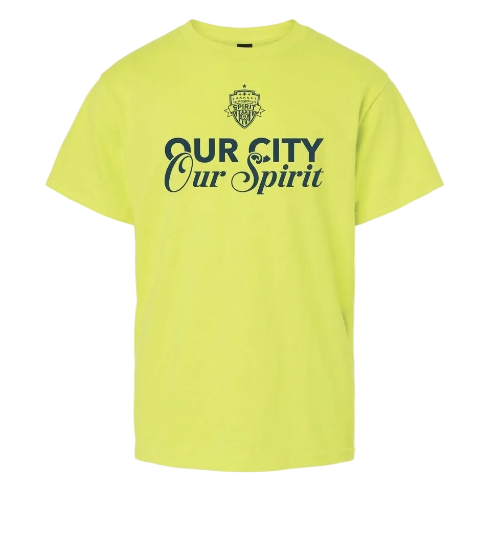 A bright neon yellow-green short-sleeve t-shirt with a dark green graphic on the chest reading 'OUR CITY Our Spirit' and a small crest above it, shown on a plain white background.