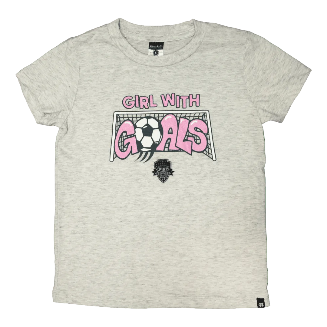 A light heather gray t-shirt with a graphic on the front that reads 'GIRL WITH GOALS' in pink and black, featuring a soccer ball and goal net design.