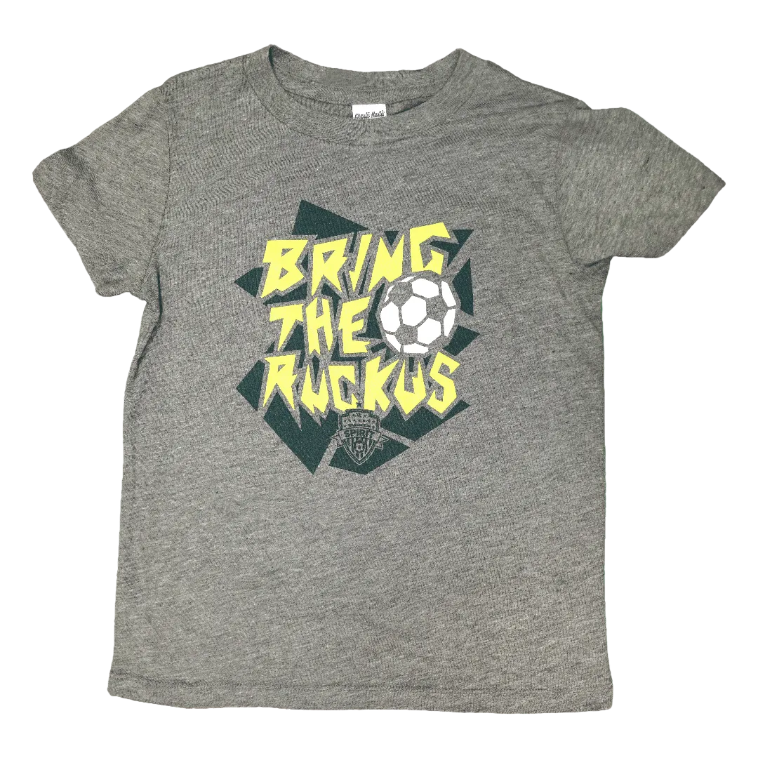 A heather gray short-sleeve t-shirt with a graphic on the front that reads 'BRING THE RUCKUS' in yellow, featuring a soccer ball and a grizzly bear illustration over a dark green jagged background.