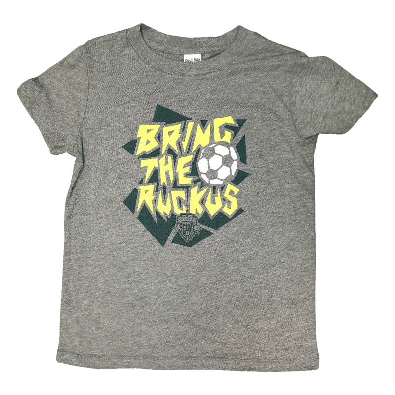 A heather gray short-sleeve t-shirt with a graphic on the front that reads 'BRING THE RUCKUS' in yellow, featuring a soccer ball and a grizzly bear illustration over a dark green jagged background.