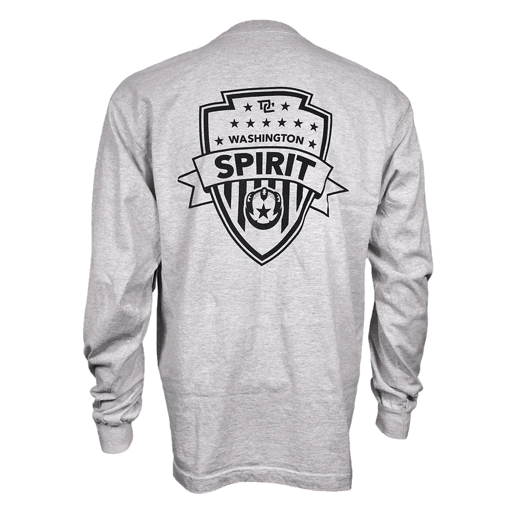 A light heather gray long-sleeve t-shirt shown from the back, featuring a large black graphic print of a shield with the word 'SPIRIT' and 'WASHINGTON' on a white background.