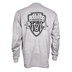 A light heather gray long-sleeve t-shirt shown from the back, featuring a large black graphic print of a shield with the word 'SPIRIT' and 'WASHINGTON' on a white background.