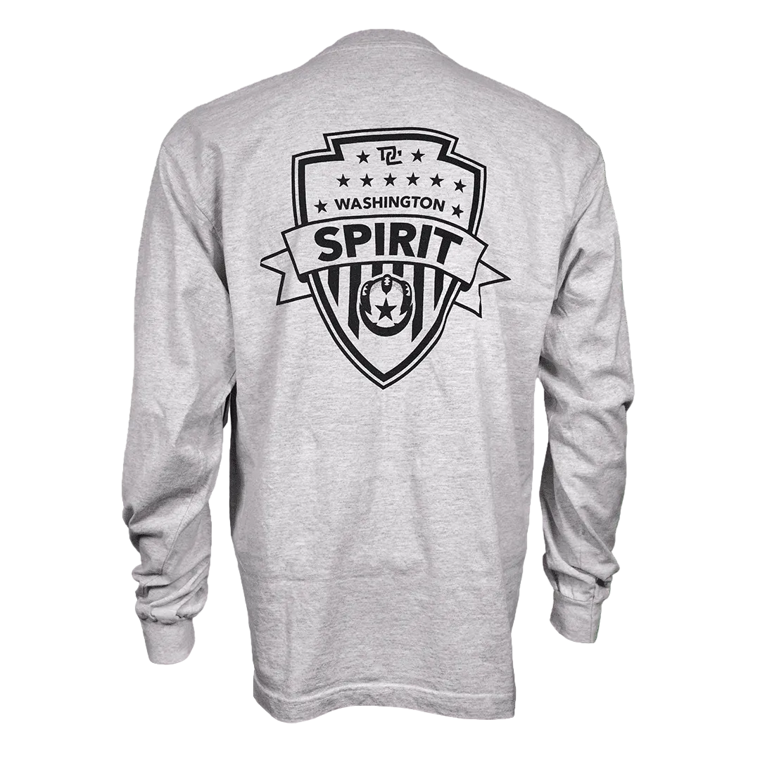 A light heather gray long-sleeve t-shirt shown from the back, featuring a large black graphic print of a shield with the word 'SPIRIT' and 'WASHINGTON' on a white background.