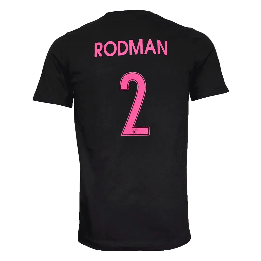 Black short-sleeve t-shirt shown from the back, featuring the name 'RODMAN' and the number '2' printed in bright pink across the upper back.
