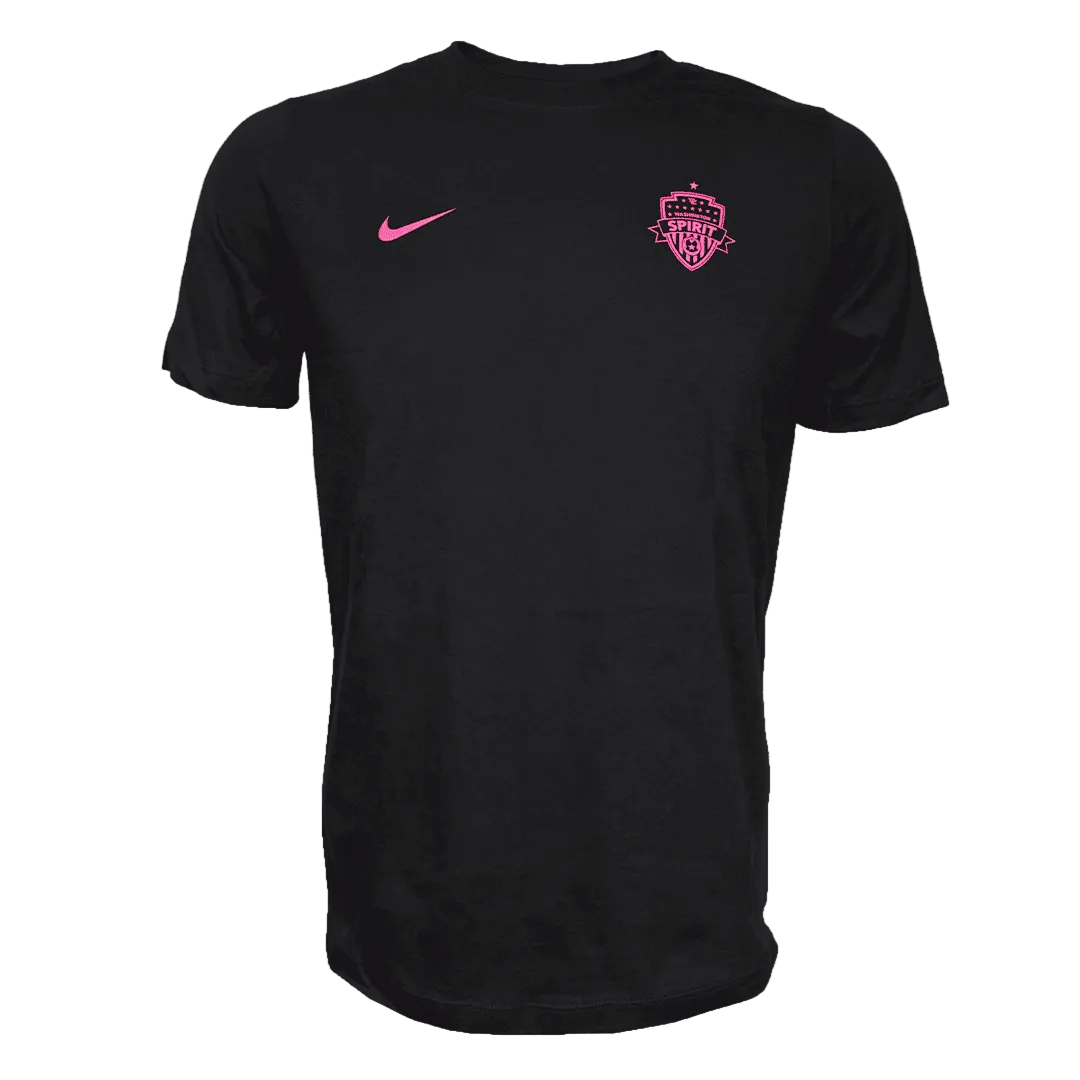 A black short-sleeve Nike t-shirt with a pink swoosh on the right chest and a pink Washington Spirit shield crest on the left chest, displayed on a solid white background.