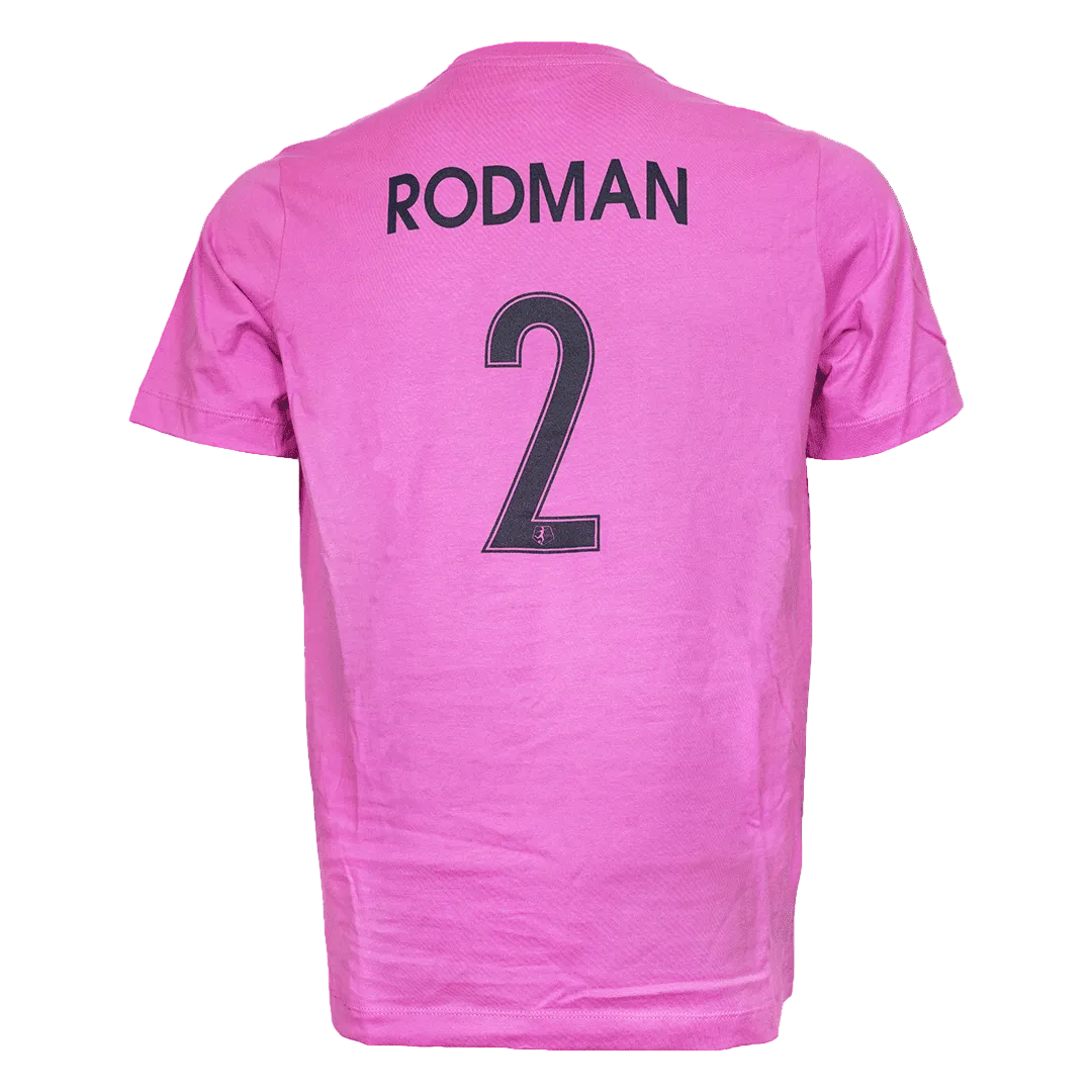 A bright pink short-sleeve soccer jersey shown from the back, featuring the name 'RODMAN' and the number '2' printed in black.